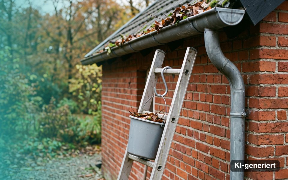 KI-generiertes Bild: Dachrinne mit Laub, Leiter und Eimer an einem Backsteinhaus
