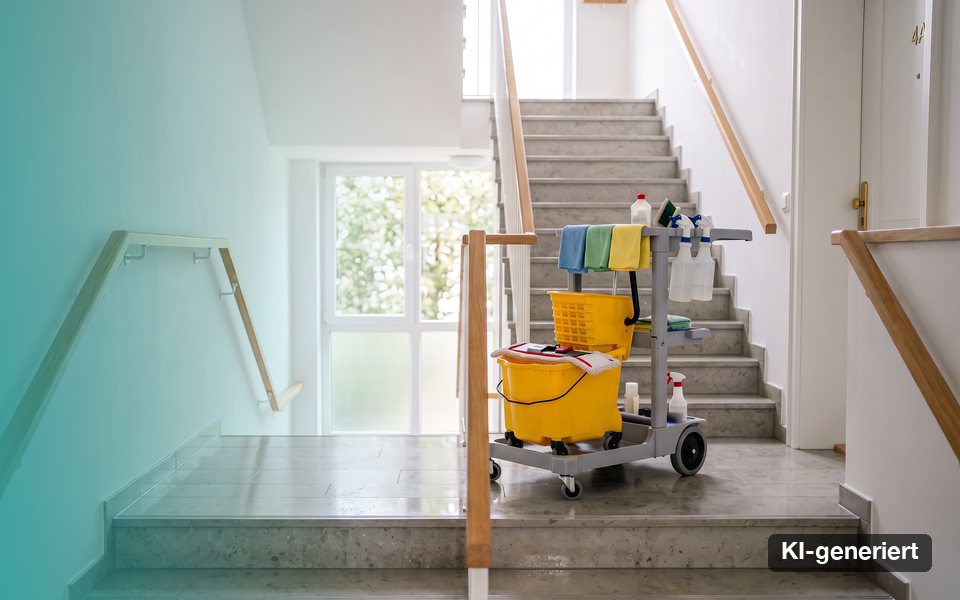 KI-generiertes Bild: gereinigtes Treppenhaus mit Reinigungswagen