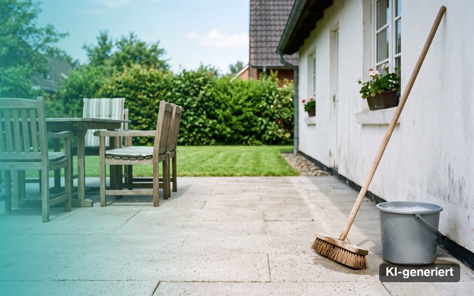 KI-generiertes Bild: gereinigte Terrasse mit Schrubber und Eimer an einem Wohnhaus